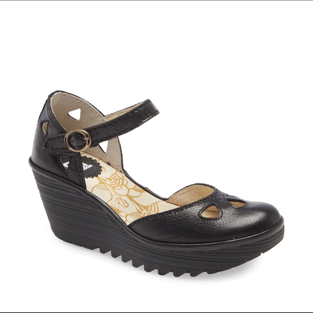 Fly London Black Yuna Mary Janes Wedge Sandals 39